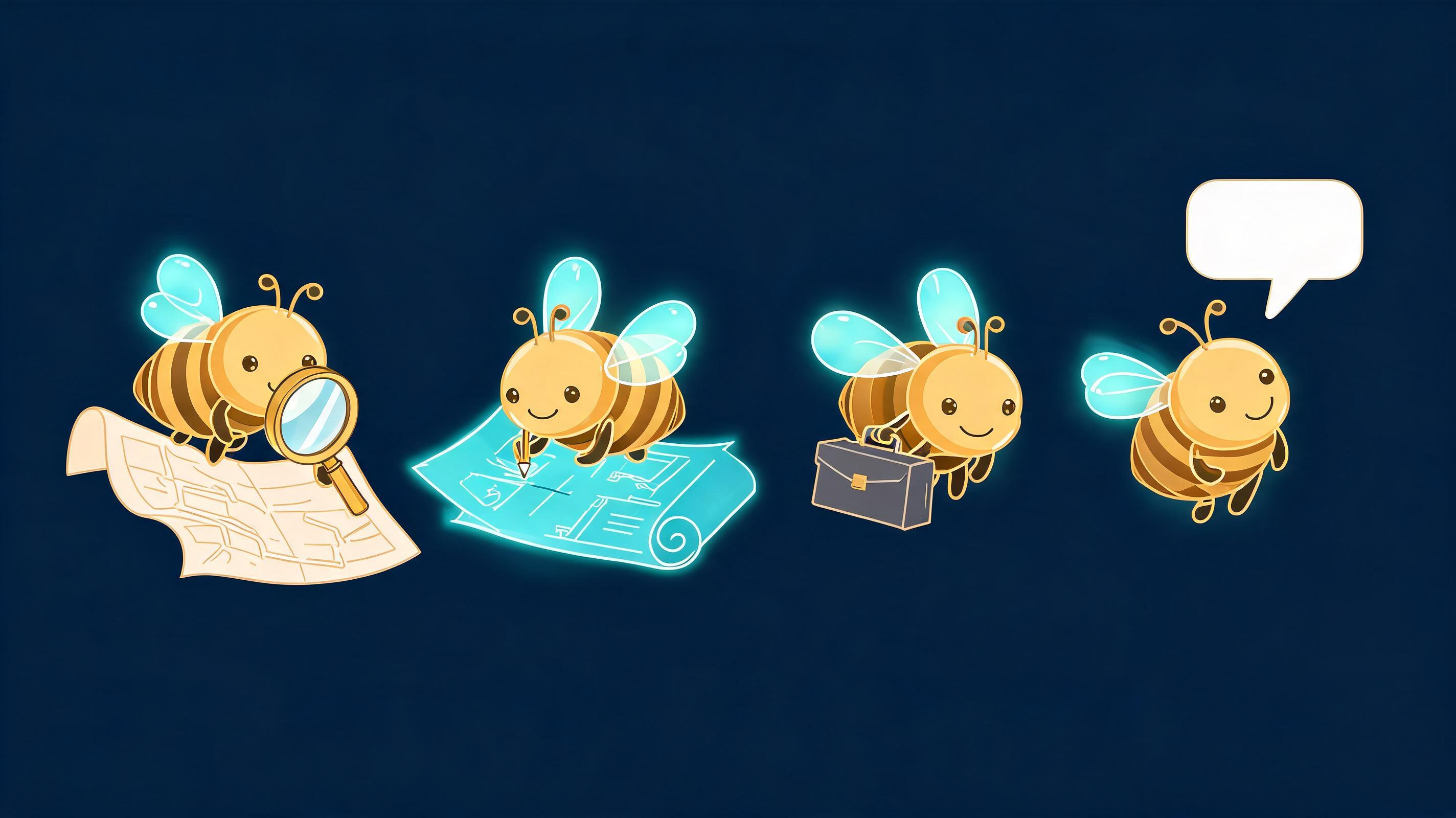 Four AI bee assistants — Scout, Strategy, Build and Care — working together on a client project