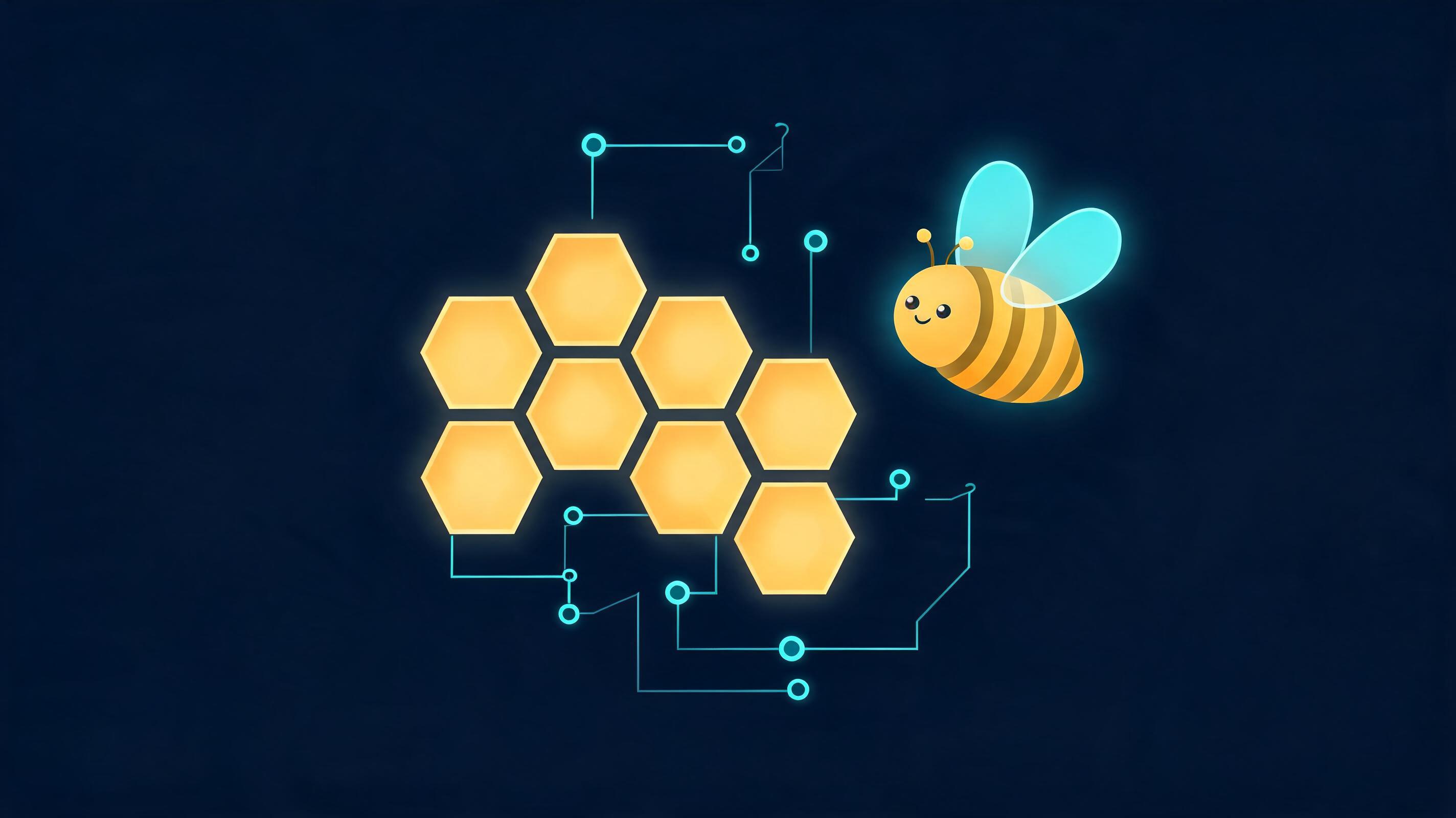 Illustration of a glowing honeycomb hive with a stylised bee — Ziramzis, digital studio in Mombasa